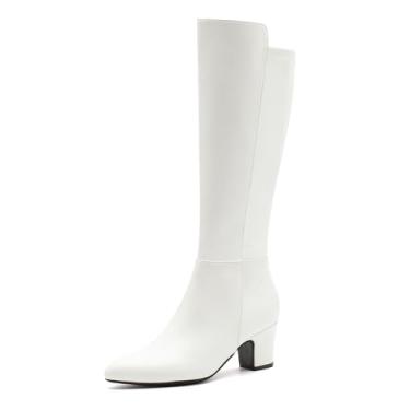 Imagem de Enelauge Botas femininas cano alto salto grosso bico fino botas Gogo com zíper lateral vestido moderno botas altas para mulheres, Branco, 35