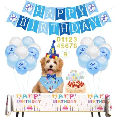 Imagem de Niura Artigos de festa de aniversário para cães - chapéu de animal de estimação, cachecol bandana, gravata borboleta fofa, faixa de feliz aniversário, balões de pata, números - Decorações de