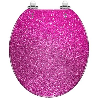Imagem de Assento de vaso sanitário redondo rosa glitter resina assento sanitário fecha silenciosamente dobradiças de liberação rápida assento de vaso sanitário decorativo com capa fácil de instalar