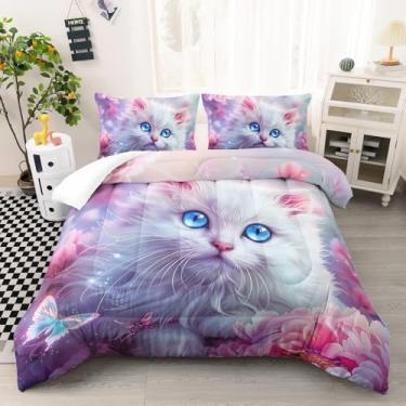 Imagem de AILONEN Conjunto de edredom solteiro com desenho animado floral, gatinho branco kawaii, para crianças, meninas, sonhador, flores rosa, gato, edredom e 2 fronhas - 3 peças