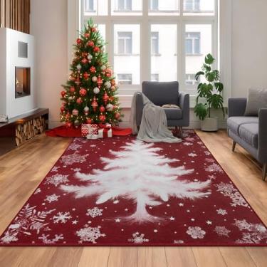 Imagem de Tapete de Natal para ambientes internos 7 x 12 cm, vermelho lavável à máquina, tapetes macios com estampa de árvore de Natal com suporte de borracha antiderrapante, tapete de decoração de férias para