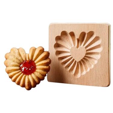 Imagem de Molde de biscoito de madeira em forma de coração, prensa de biscoito sanduíche artesanal, design tradicional de padrão de margarida para assar, ferramenta de cozinha de madeira de faia
