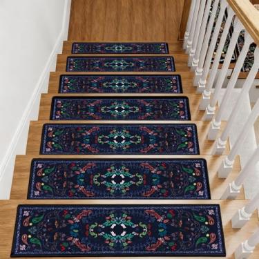 Imagem de Tapete de escada retrô antiderrapante para degraus de madeira, tapete de escada de 20 x 76 cm, tapete de escada de borracha termoplástica, tapete de escada macio, lavável, reutilizável, tapete de