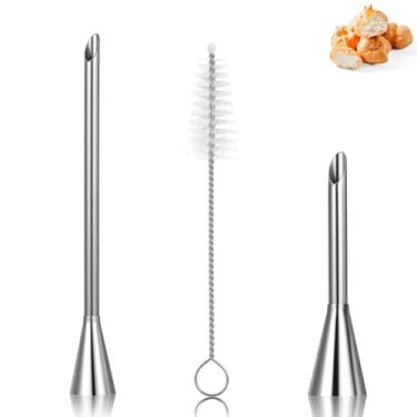 Imagem de Guduling 3 pontas de bocal de confeiteiro de creme, decoração de bocal de creme longo de aço inoxidável, ferramentas de decoração para confeiteiros pequenos + escova de limpeza de decoração para