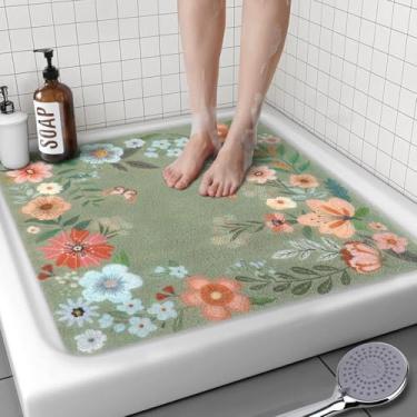 Imagem de Tapete de chuveiro quadrado, 61 x 61 cm, tapete de chuveiro de flores antiderrapante, tapete de banho de bucha de PVC de secagem rápida para chuveiro, banheira, banheiro