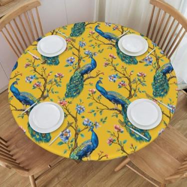Imagem de KiuLoam Chinoiserie Toalha de mesa redonda de pavão floral amarelo com borda elástica toalha de mesa lavável para decoração de cozinha patrulha ao ar livre, serve para 101,6 a 112 cm, pequena