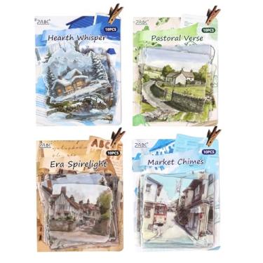 Imagem de Doukado 40 peças vintage rua pastoral natal casa neve cenário PET adesivos, pacote com 4 adesivos estéticos decorativos tamanho grande para scrapbooking, diário, artesanato DIY impermeável e diário de