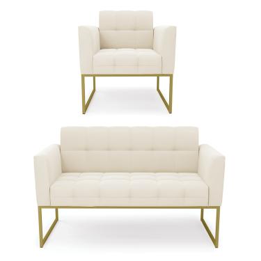 Imagem de Kit 1 Sofá Namoradeira e 1 Poltrona Elisa Veludo Bege Base Metálica Industrial Dourado D03 - D'Rossi
