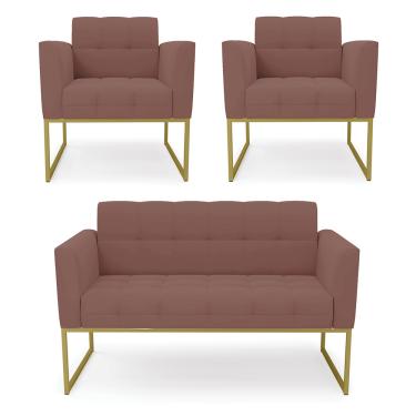 Imagem de Kit 1 Sofá Namoradeira e 2 Poltronas Elisa Veludo Rosê Base Metálica Industrial Dourado D03 - D'Rossi