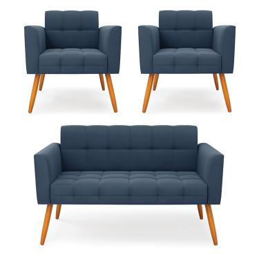 Imagem de Kit 1 Sofá Namoradeira e 2 Poltronas Elisa Suede Azul Marinho Pés Palito Castanho D03 - D'Rossi
