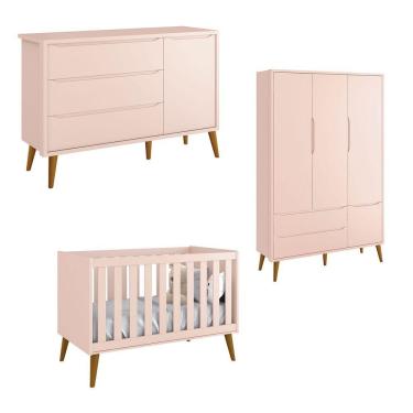 Imagem de Jogo De Quarto Para Bebê Completo 3 Portas Théo New Rosa Fosco Com Madeira - Reller