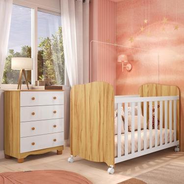 Imagem de Jogo De Quarto Infantil Com Cômoda 4 Gavetas Júnior E Berço Uli Branco Brilho/amêndoa - Móveis Peroba