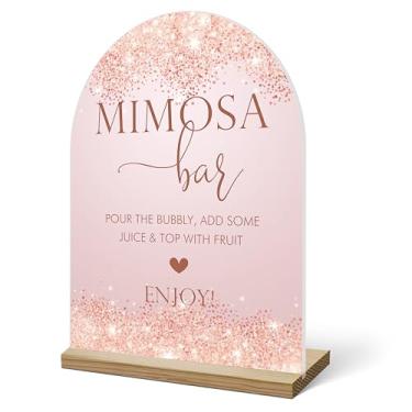 Imagem de Placa de bar Mimosa para mesa, barra de mimosa acrílica brilhante rosa com suprimentos de base para chá de bebê, chá de panela, decorações para festa de casamento, despedida de solteira, suporte de