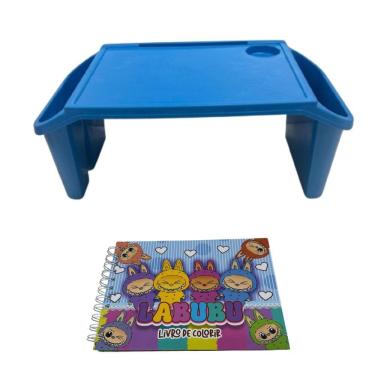 Imagem de Mesa Apoio Infantil + Livro De Capa Dura – 48 Páginas Para Colorir, Criar E Aprender Bandeja Azul Lobubu Rosa