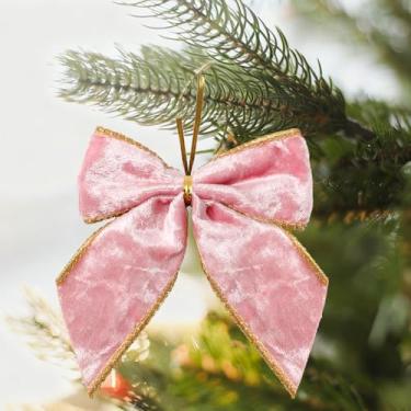 Imagem de JarThenaAMCS 24 peças de laços de veludo de Natal rosa, pequeno nó de fita com borda dourada para festa em casa, decoração de guirlanda de árvore de Natal, artesanato, acessórios de costura
