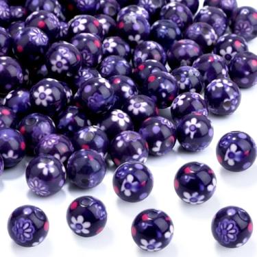 Imagem de 100 peças de contas de resina de 10 mm a granel para kit de fabricação de pulseiras, contas soltas redondas impressas em flor azul para joias, brincos, colar, anéis, arte, artesanato, projetos DIY