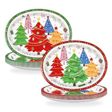Imagem de Grencian Pratos de papel ovais de Natal 25,4 x 30,5 cm, grandes, coloridos, para árvore de Natal, bandeja de sobremesa, utensílios de mesa, para decoração de festa de Natal, festa de inverno e férias