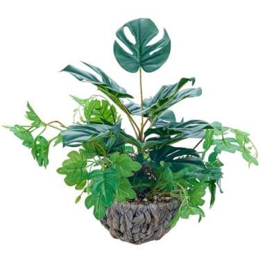 Imagem de AlphaAcc Planta Monstera artificial de 40 cm em cesta redonda de tecido de vime, plantas falsas, plantas artificiais decorativas, vegetação tropical, para cozinha, banheiro, quarto, sala de estar