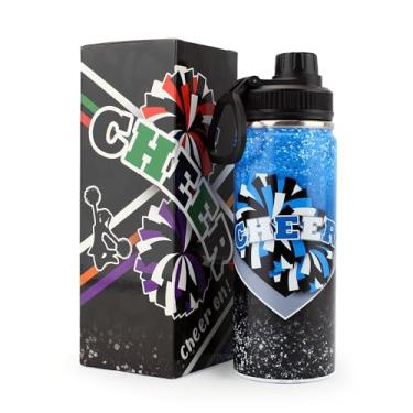Imagem de BMHHTM Garrafa de água Cheer para meninas 510 g, garrafa esportiva isolada de aço inoxidável com alça, presente de líder de torcida a granel para presentes de time (azul preto)
