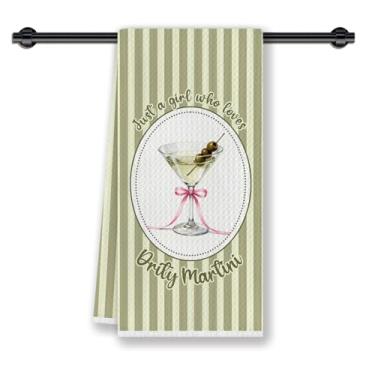 Imagem de CosxHabitat Dirty Martini Gifts Toalha de prato de cozinha, presentes para amantes de coquetéis de martini, toalha de chá de mão decorativa listrada verde para carrinho de bar de cozinha, 40 x 61 cm