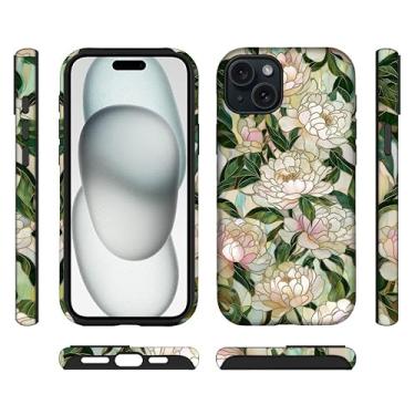 Imagem de ilikediy Capa híbrida para iPhone 15 com 2 camadas rígidas de silicone com estampa protetora - flores de peônia de vitral