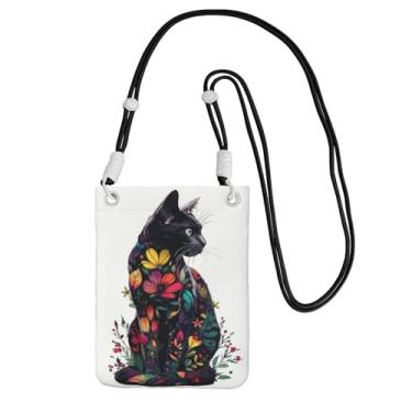 Imagem de LILYDIARY Bolsa transversal para celular para meninas e mulheres, alça preta, material de poliéster, alça de ombro ajustável e removível, estampa floral de gato preto