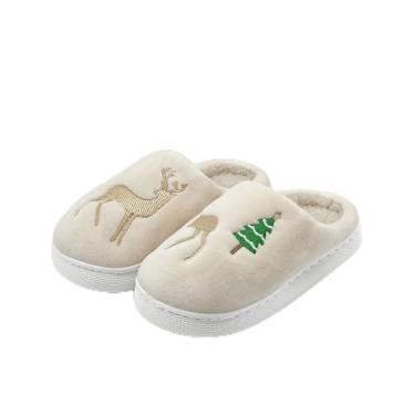 Imagem de Chinelos infantis para meninas, meninos, árvore de Natal, rena, quente, inverno, felpudo, para casa, para uso interno e externo, Bege, 10-10.5 Toddler