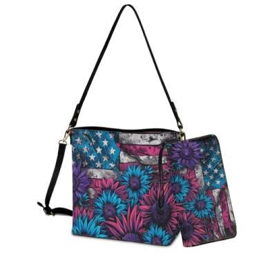 Imagem de Sannovo Conjunto de bolsa e carteira para mulheres, bolsa tiracolo de couro com carteira de poliuretano para viagem, festa, trabalho, Girassol bandeira americana azul