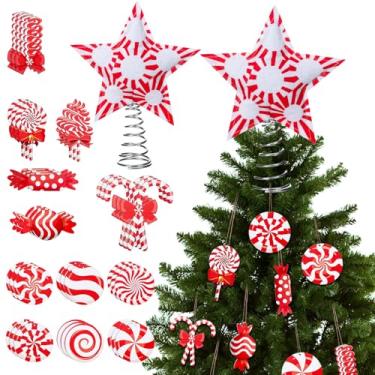 Imagem de Soaoo Conjunto de 37 peças de enfeites de bengala doce de pirulito de Natal e enfeites de madeira para pendurar doces de menta para decoração de árvore de Natal, suprimentos de festa de ano novo