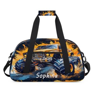 Imagem de Bolsa esportiva personalizada, caminhão de desenho animado colorido com nome, bolsa de dormir personalizada, bolsa de fim de semana, bolsa de treino para dança, balé, academia, ginástica, mala, viagem