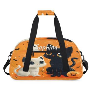Imagem de Bolsa esportiva personalizada, fantasma de gato de Halloween, fofo, com nome, bolsa de festa do pijama, bolsa de fim de semana, bolsa de treino para dança, balé, academia, ginástica, mala, viagem