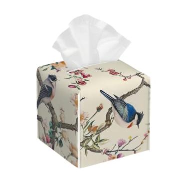 Imagem de Porta-lenços de couro quadrado à prova d'água flores pássaros vintage colorfu organizador de papel facial com cinto inferior cubo estojo de tecido para mesa banheiro escritório mesa carro decorativo