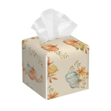 Imagem de Porta-lenços de papel quadrado de couro, impermeável, abóbora, outono, aquarela, organizador de papel facial com cinto inferior, estojo de lenços para mesa, banheiro, escritório, mesa, carro