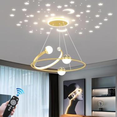 Imagem de Luminária de mesa criativa LED dourada 48W, lustre com controle remoto e dimerização, design moderno e clássico, luminária pendente com altura ajustável para bar, restaurante, sala de estar,