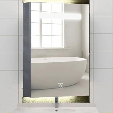 Imagem de SPXMQSS Armário de banheiro de LED, espelho de LED, luz de 3 cores, com prateleiras, armários de banheiro espelhados com luzes de beleza de escurecimento contínuo, unidades de armazenamento na parede