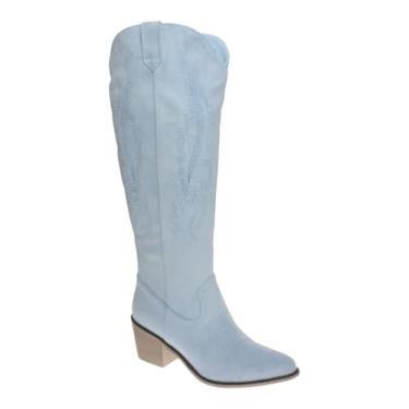 Imagem de Pierre Dumas Botas femininas de caubói com zíper, salto grosso, bico fino, bordado, caubói ocidental, cano alto, para meninas, 478 Azul claro, 36