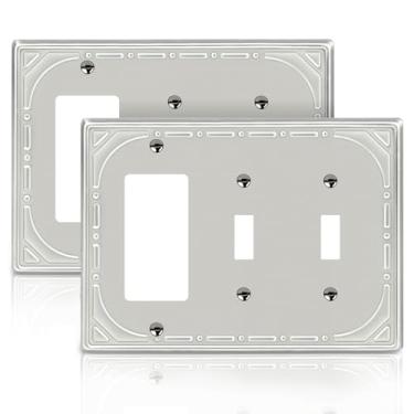 Imagem de Combinação de metal para interruptores de luz, placa de parede, 2 interruptores/1 placa decorativa de níquel escovado, placa de parede decorativa de 3 grupos - estilo retrô clássico, pacote com 2