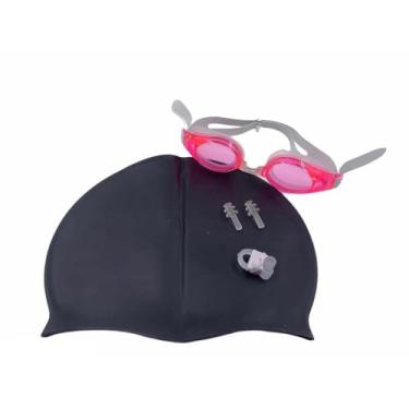 Imagem de Touca de Natação Impermeável，Toca de Natação Adulto，Kit De Natacao com Touca Silicone E Oculos Para jovens E Adultos(Preto(touca)+Rosa(óculos))