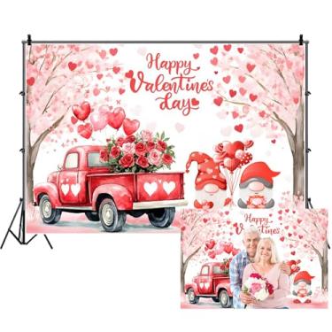 Imagem de Renaiss 2,1 x 1,5 m, fundo de feliz dia dos namorados, vermelho, coração, árvore, tema vintage de caminhão, tema de caminhão, gnomo, para mulheres, meninas, 14 de fevereiro, decoração de festa