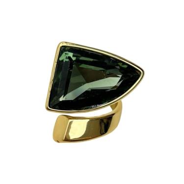 Imagem de Anel de dedo grande aberto triângulo de strass verde grosso para mulheres anel ajustável exagerado grosso geométrico pedra cristal anéis de dedo festa de casamento coquetel baile moda joias presentes
