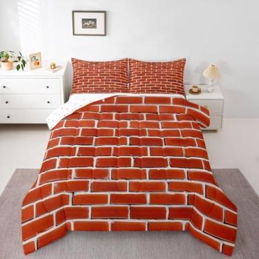 Imagem de jejeloiu Conjunto de edredom Queen com textura de tijolo vermelho, geométrico, para quarto de crianças, meninos, meninas, decoração de luxo, microfibra ultramacia e respirável
