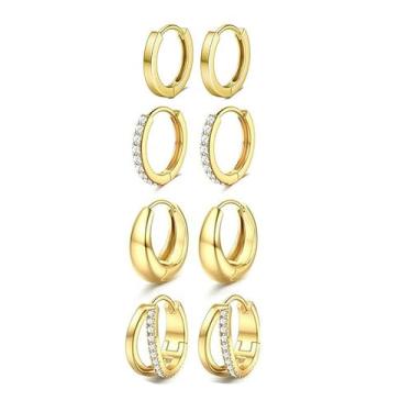 Imagem de Niaspi 4 pares de brincos de argola pequenos para mulheres, minimalistas, de aço inoxidável, moderno, círculo, strass, argola de 10 mm, cartilagem, piercing delicado, joia de orelha, 18g, Aço