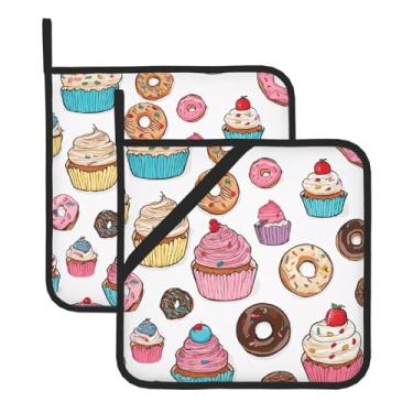 Imagem de Conjunto de tapete de panela quadrado resistente ao calor com estampa de cupcake, 2 tapetes antiderrapantes com alças para pendurar, para proteção de balcão de cozinha e mesa de jantar.