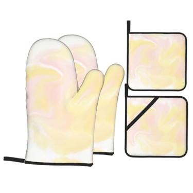 Imagem de Conjunto de luvas de cozinha com estampa amarela aquarela com suportes de tampa, luvas de forno resistentes ao calor para manusear panelas quentes, grelhar, churrascos, kit de 4 peças.