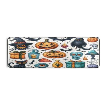 Imagem de Qilmy Tapete corredor de abóbora e gato preto 183 x 61 cm, antiderrapante, antifadiga, confortável, tapetes longos para cozinha, quarto, sala de estar, banheiro, corredores, entrywa265