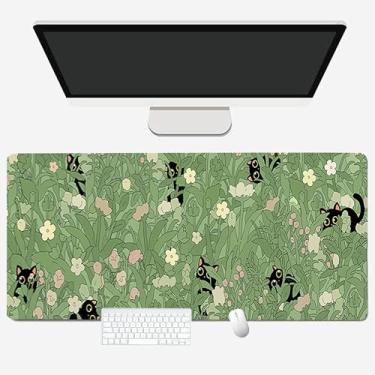 Imagem de Tapete de rato grande para gato e floral, 30 x 70 cm - Tapete de mesa antiderrapante com design de plantas fofas com bordas costuradas para teclado, computador, decoração de casa e escritório
