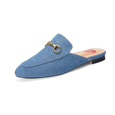 Imagem de Vertundy Mules Sandálias femininas de salto baixo de couro sem costas nuas para meninas e mulheres, Jeans azul, 39