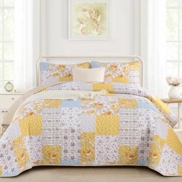 Imagem de Anibedding 3 colchas de patchwork, tamanho Queen, estilo amarelo, flores xadrez, com fronhas duplas para todas as estações