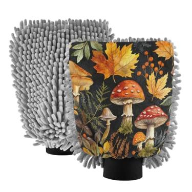 Imagem de STAYTOP Luvas de lavagem de carro para cogumelos e margaridas borboletas, 2 peças, luvas de microfibra de chenille, sem arranhões, panos de esponja de lavagem ultra absorventes para carros, limpeza