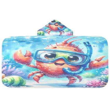 Imagem de Burbuja Toalha de banho com capuz de caranguejo fofo para crianças, toalha de praia de pelúcia macia absorvente para meninas e meninos 3-10 anos, 61 x 127 cm